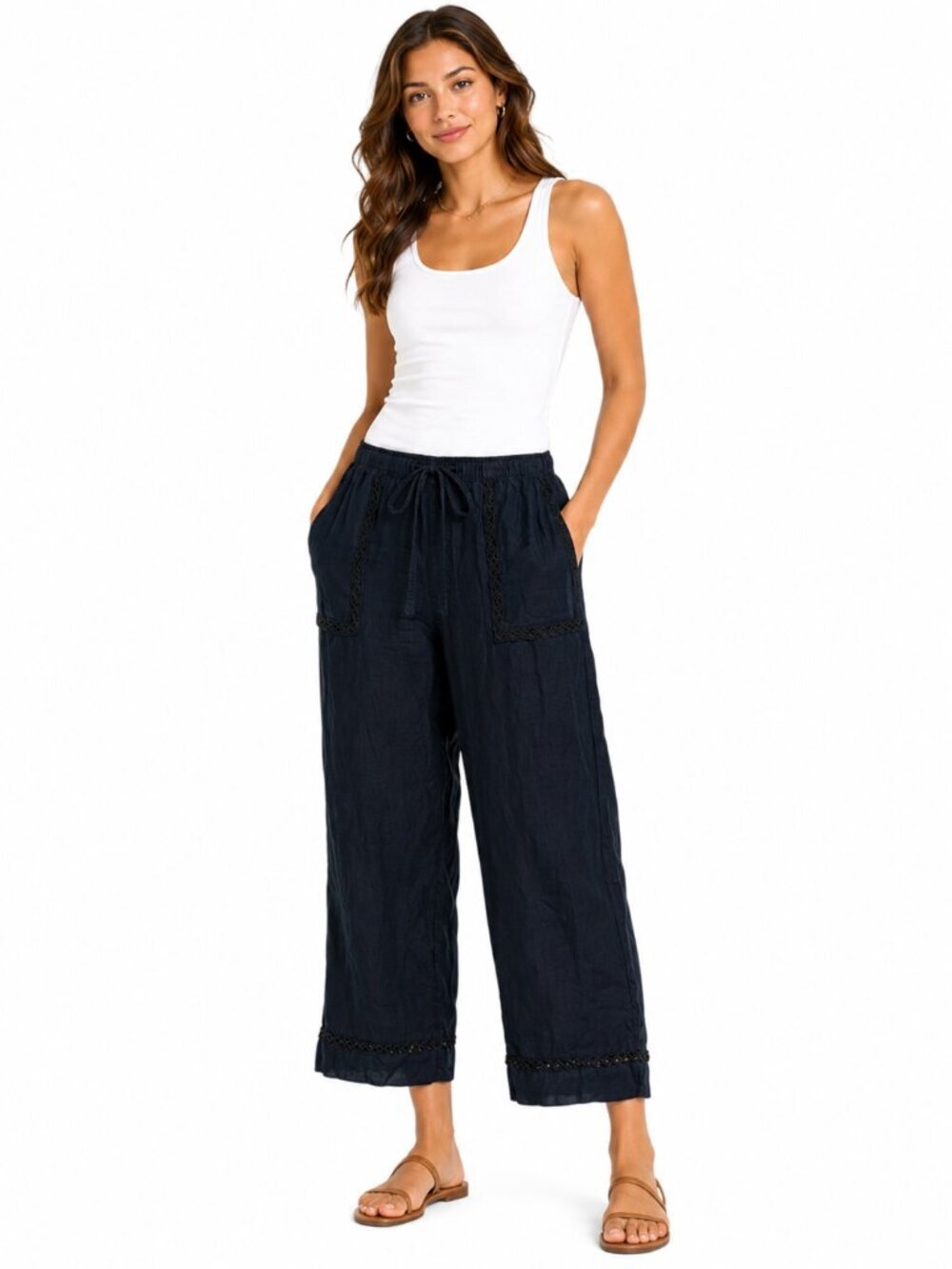 JOIE Dark Navy 100% Linen Drawstring Pants Lace Trim Pocket Pull On Large L